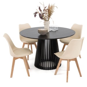Stół Okrągły 120CM Czarny | YY5940 + 4 Krzesła | 53E-7 | Beżowe